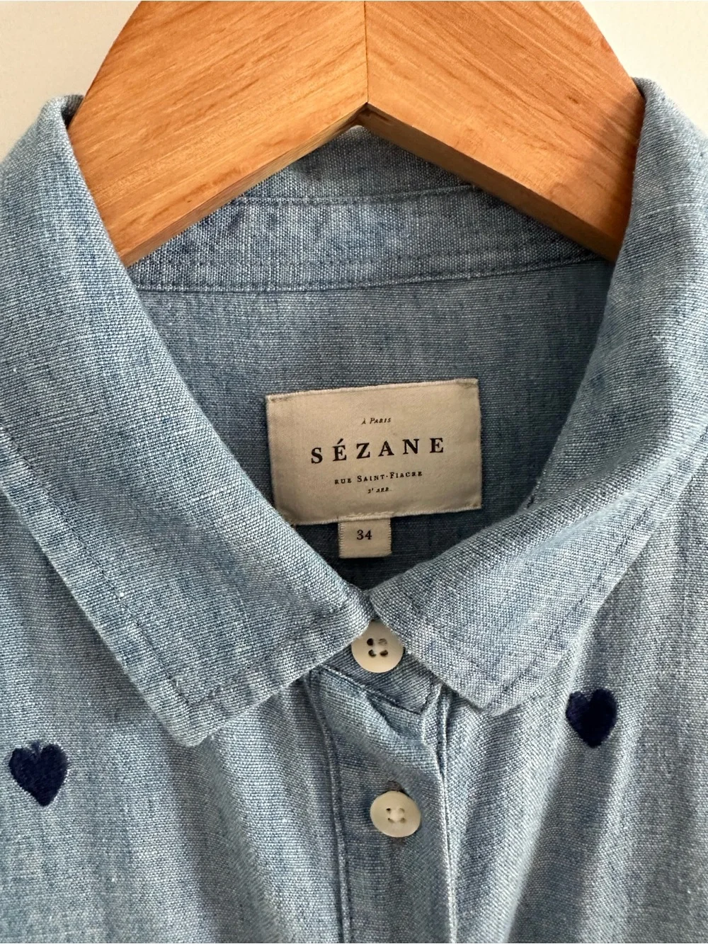 SEZANE Light Blue Chambray Button-Down Shirt with Navy Embroidered Heart Print - Picture 5 of 10